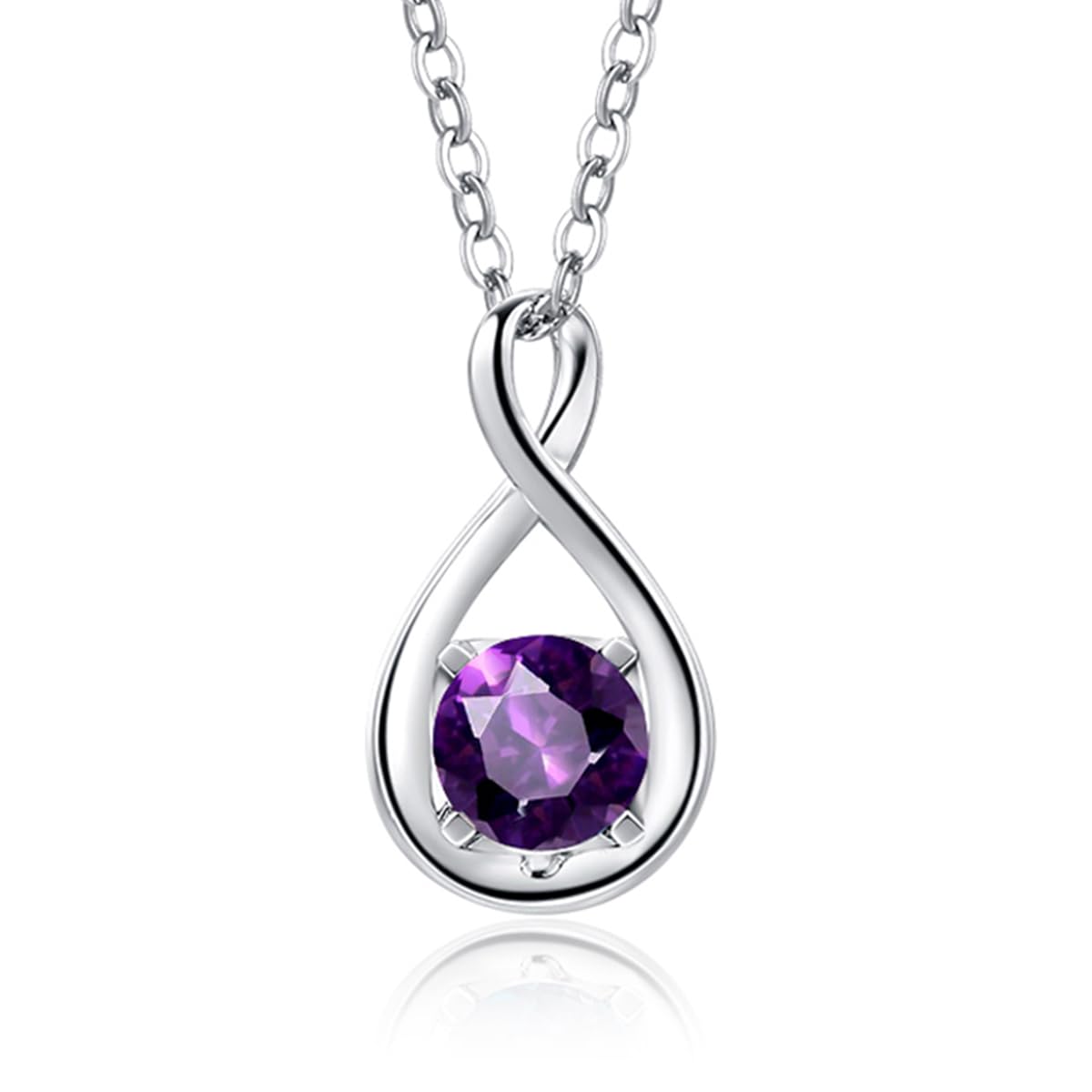FANCIME 14K Solid White Gold Genuine Amethyst Necklace February Birthstone Gemstone Infinity Pendant with 925 Sterling Silver Chain, Christmas Anniversary Birthday Fine Jewellery Gift for Women Mom