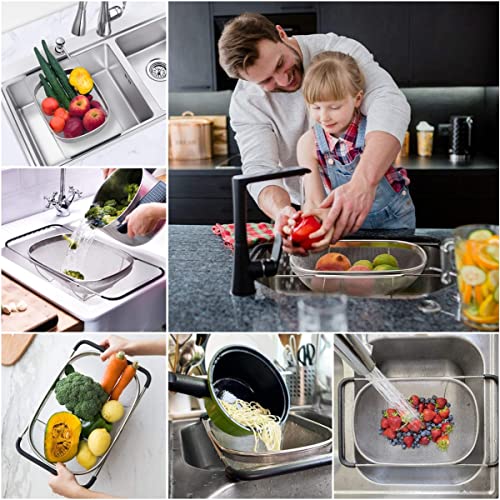 Beauenty Stainless Steel Over the Sink Colander Strainer Basket，Draining Basket，Sink Basket，Sink with Rubber Grip, Fine Mesh, Large Kitchen Gadgets Tools，Strainer Home Kitchen Essentials