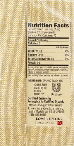 LIPTON TEA BAGS FOR A ICED OR HOT TEA ORGANIC BLACK TEA ICED OR HOT TEA THAT CAN HELP SUPPORT A HEALTHY HEART 5.9 OZ 72 COUNT