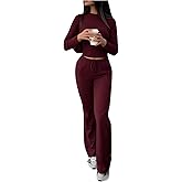 WDIRARA Women's 2 Piece Pants Outfits Long Sleeve Tracksuit Athletic Workout Flare Pants Set