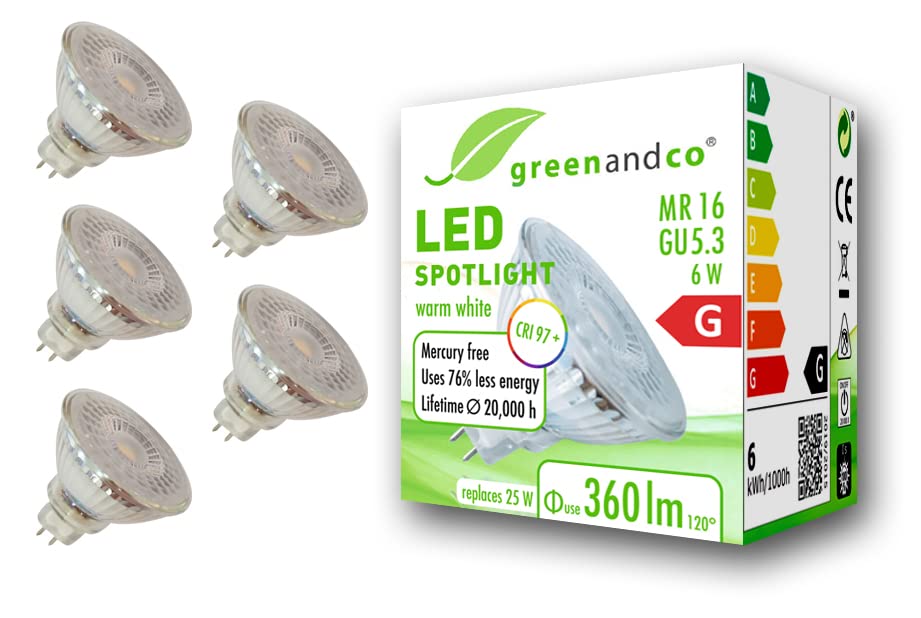 greenandco® CRI 97+ 2700K 110° LED spot Replaces 25 Watt GU5.3 MR16 Halogen Spotlight, 6W 360 Lumen Warm White 12V AC/DC, not dimmable, 5-Pack