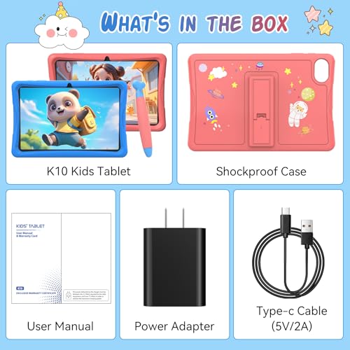 2026 Upgraded Kids Tablet 10 inch, Android 16 Tablets for Kids, Parental Control, Pre-Installed Kiddos Software & Kids Space, Includes Case & Stylus Pen, 12GB RAM 64GB ROM, 2TB Expand, HD IPS Screen