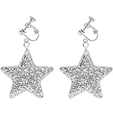 Silver Star Clip on Earrings Silver Disco Star Non Piercing Ear Clip Dangle Earrings (Silver sequin stars)