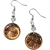 Lucky Penny Earrings, sealed in resin, with Clear Faceted Crystal Accent Beads on Sterling Silver Earwires, USA Coin Jewelry, New Shiny Pennies (years will vary)