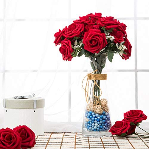 ZOOYOO Artificial Flowers Dark Red Roses 50pcs,Wedding Bridesmaid Bridal Bouquets Centerpieces,Wedding Decorations,Real Looking Fake Roses Stem for Party Decoration,Baby Shower Home Decorations - Thumbnail 3