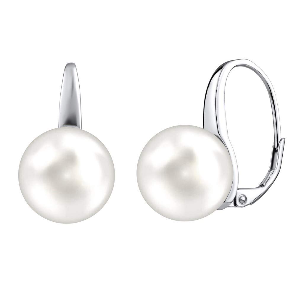SILVEGO - LPS061912MM - Women 925 Sterling Silver Earrings with White Synthetic Pearl Swarovski Crystals 12 mm