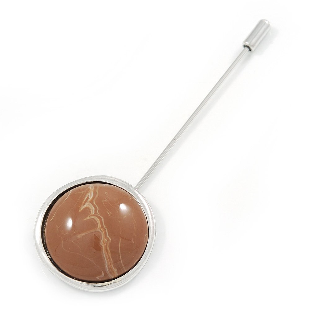 Vintage Inspired Light Coffee Ceramic Dome Shape Bead Lapel, Hat, Suit, Tuxedo, Collar, Scarf, Coat Stick Brooch Pin In Silver Tone Metal - 95mm L