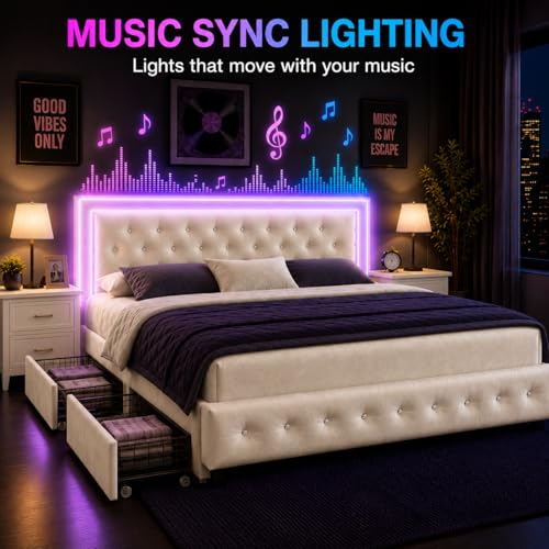 Queeen Bed Frame with 4 Storage Drawers, LED Bed Frame with Remote Control Rhythm Sync Light, Adjustable Diamond Tufted Headboard, No Box Spring Needed, Velvet Cream