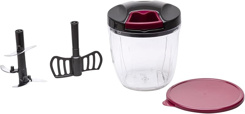 HOGAR HMAQ4506 - Chopper Manual com Corda para todos os tipos de alimentos. 4 alturas de corte. Lâmina de aço inoxidável. Capacidade de 900 ml. Inclui tampa e pá para bater