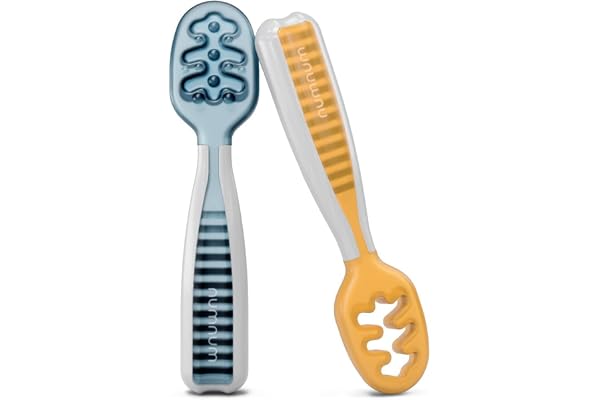 NumNum Baby Spoons Set, Baby Essentials Pre-Spoon GOOtensils for 6+ Months, First Stage Self-Feeding Spoons for Baby Led Weaning (BLW), Silicone Toddler Utensils, BPA-Free, 2 Pack Blue/Orange
