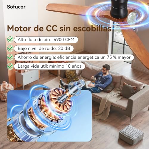 Sofucor Smart Ventilador de Techo con Luz, 132cm Madera Maciza Ventilador de Techo con Alexa/APP/WiFi, Mando a Distancia, DC, 3 Temperaturas de Color, Temporizador, 6 Velocidades para Salón