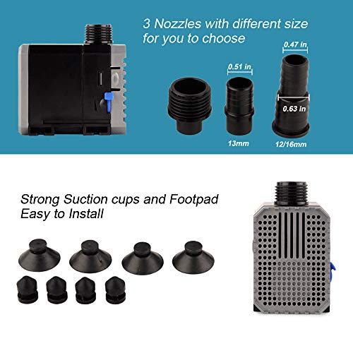 YCTECH 8W 160GPH Submersible Pump for Aquarium, Fish Tank, Pond, Fountains, Statuary, Hydroponics Aquaponics