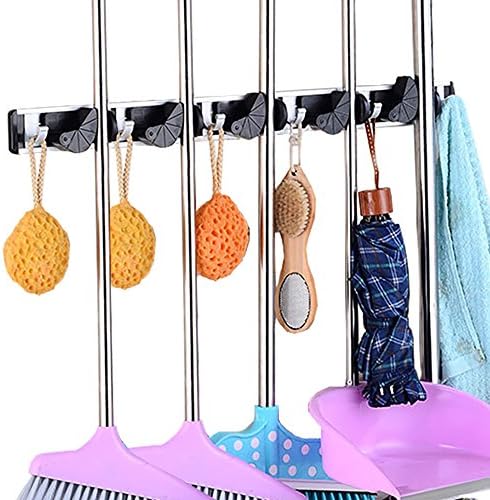 Mop and Broom Holder, Garage Storage Systems Broom Organizer with 5 Position 6 Hooks Garage Storage Holds Up to 11 Tools - Black
