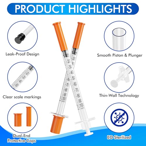 U-100 Insulin Syringes 100Pack 1ml/cc 30G 5/16" (8mm) with Needle | Individually Wrapped, Disposable Diabetic Syringes | Ultra-Fine for Comfort & Precision