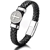 TIMFROZ Black Mens Cross Bracelets Leather Christian Religious Faith Cuff Bangle Braided Stainless Steel Clasp Bracelet Wristband Punk Jewelry Christmas Accessory for Men Him 8.3''