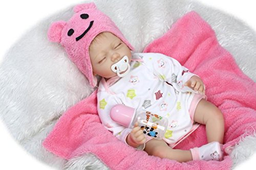 HXUEE Realistic Sleeping Reborn Baby Doll Silicone Babies Pink Hat Newborn Girl 22 inch Magnetic Mouth Children's Toys Gifts Set for Ages 3+