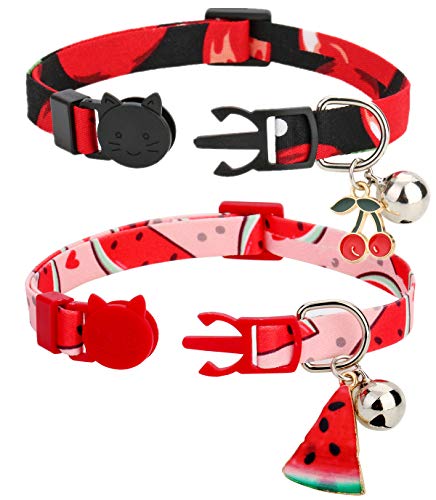 Watermelon Cherry 2 Pack Cat Collar Breakaway with Charm Safe Kitten Collars with Bell - Thumbnail 4