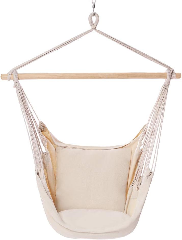 POPCLEAR Hammock Chair Hanging Rope Swing, 330 Pound Capacity, Hanging Chair with Cotton Rope for Indoor, Outdoor, Home, Patio, Deck, Yard, Garden,2 Seat Cushions Included with Hanging Kit (Beige)