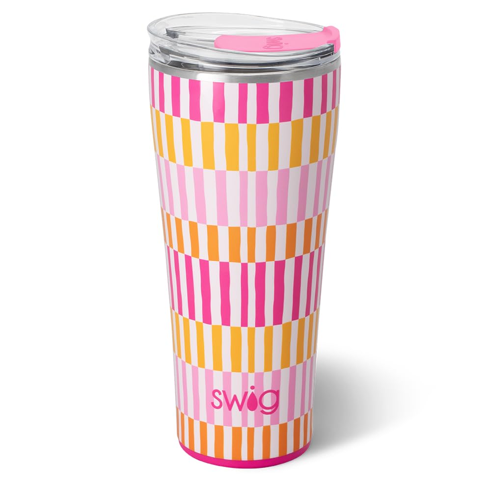 Swig Life 32oz Insulated Tumbler, Travel Coffee Tumbler with Lid, Cup Holder Friendly Travel Coffee Mug, Stainless Steel, 32 oz, Reusable Insulated Mug with Lid (Sherbet Stripe) Image