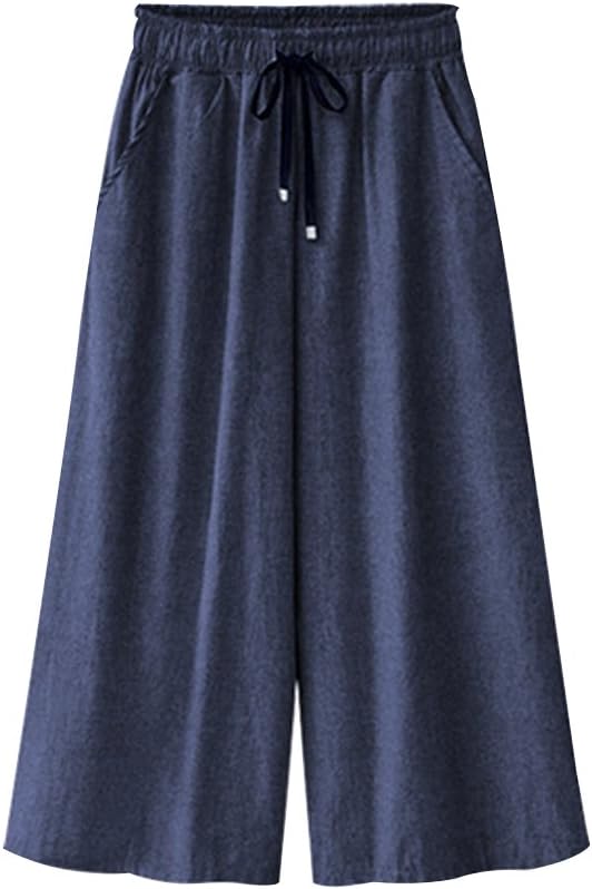 Sobrisah Women's Elastic Waist Wide Leg Cropped Jean Culottes Pants