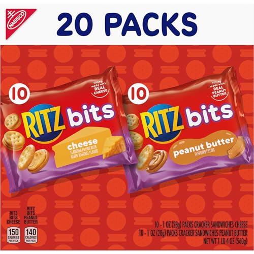 RITZ BITS CHEESE AND RITZ BITS PEANUT BUTTER SANDWICH CRACKERS VARIETY PACK, LUNCH SNACKS, 20 SNACK PACKS