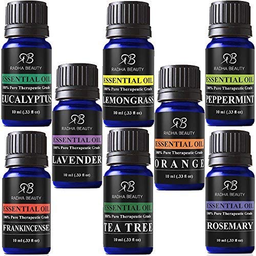 Radha Beauty Aromatherapy Top 8 Essential Oils 100% Pure & Therapeutic Grade - Basic Sampler Gift Set & Kit (Lavender, Tea Tree, Eucalyptus, Lemongrass, Orange, Peppermint, Frankincense and Rosemary) (Best Selling Essential Oils)