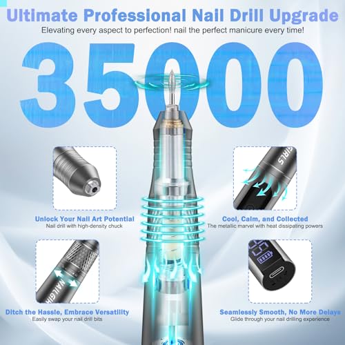 NAILGIRLS Cordless Electric Nail Drill Machine, Portable Electric File 35000rpm Nail Drill Kit with Drill Bits Set for Acrylic Nail Drills, Manicure & Pedicure Polishing - Gray