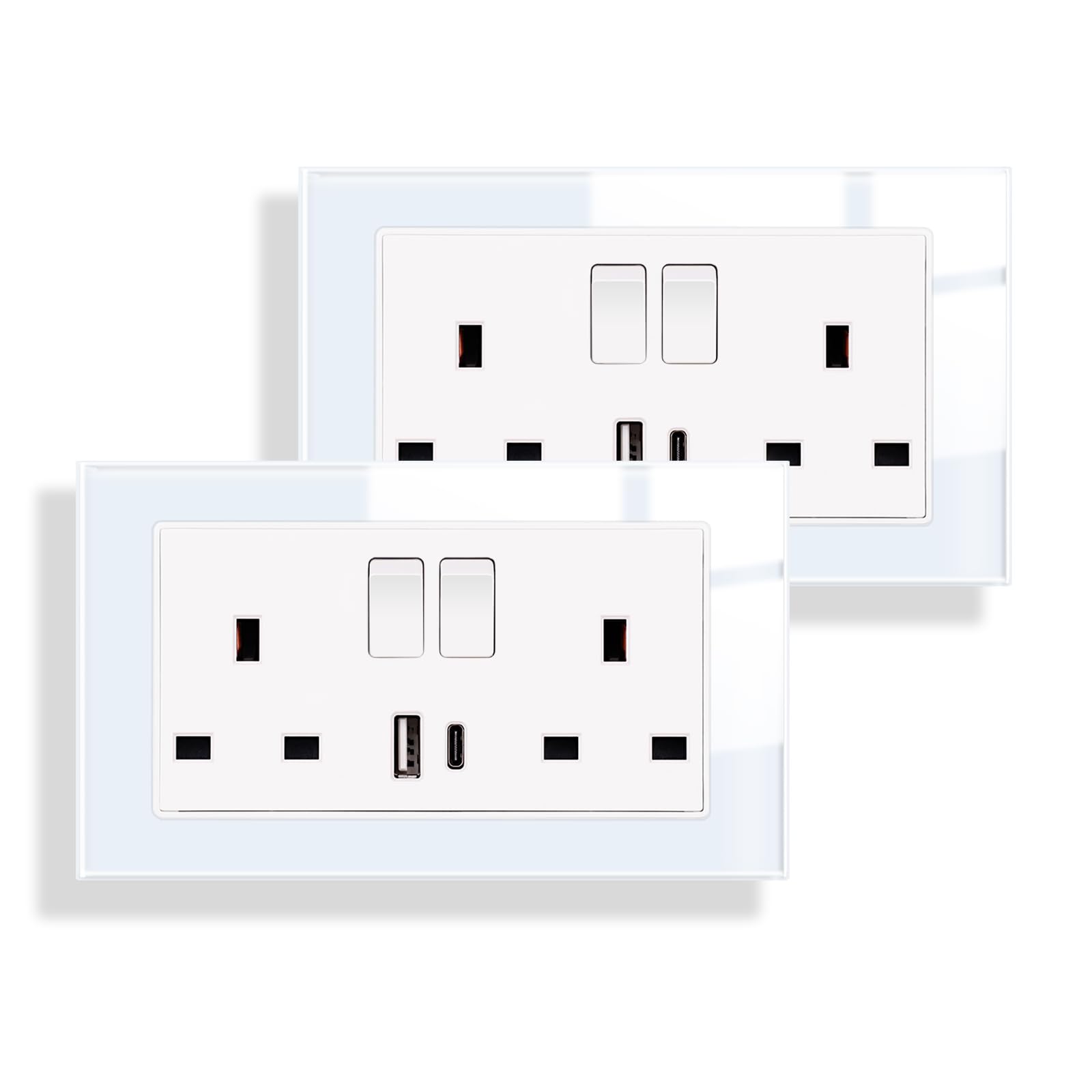 JIMEIDA 2 Pack Double Switched Socket White 20W Fast Charging 13 Amp with USB A and Type C Charging Ports Crystal Glass Panel Switched Socket
