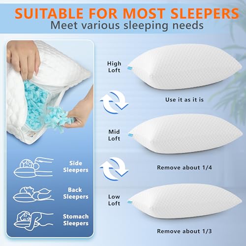 UYWO Cooling Pillows Queen Size Set of 2, Memory Foam Pillows with Zipper, Firm Bed Pillows Adjustable for Hot Side Back Stomach Sleepers
