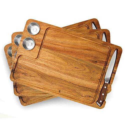 Yukon Glory Steak Board for Serving Steak, Meat, and Poultry in Style, Premium Acacia Wood, Includes Sauce Cups and Steak Knife, 3 Pack - Thumbnail 2