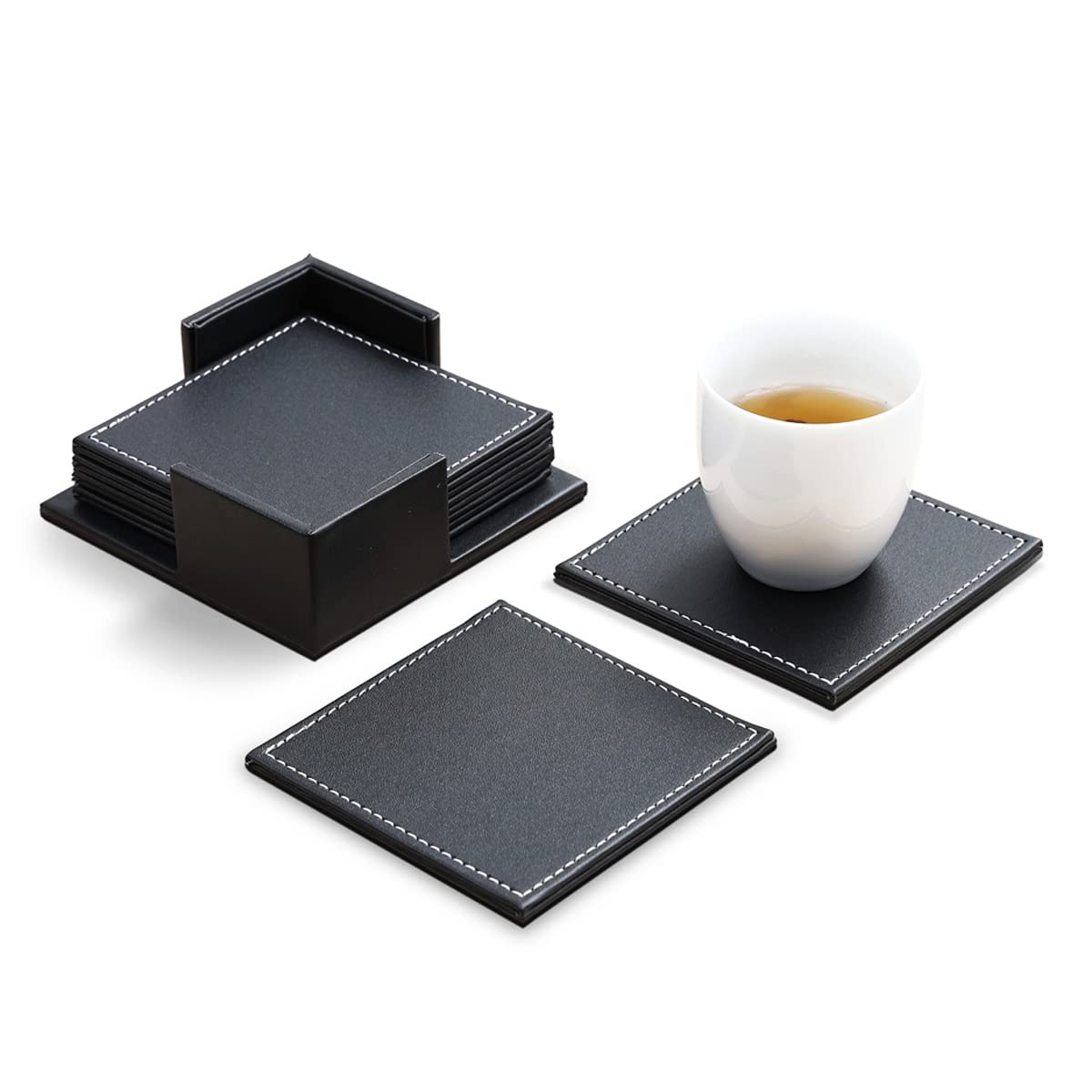 Techson 6PCS Leather Coasters, PU Non-Slip Drinks Wine Tea Coffee Mats with Holder, Waterproof Heat Resistant Bar Tabletop Protection Suitable for Kinds of Cups and Mugs(Square, Black)