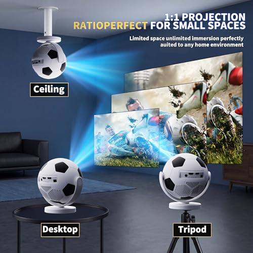 [Built-in Apps & 2026 Football Projector] Mini Projector Support 4K 1280P with WiFi 6 and Bluetooth 5.4, Auto Keystone 360° Rotatable Projector Portable Compatibile with HDMI/TV Stick/USB - White