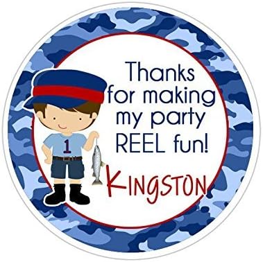 Personalized Customized Birthday Party Favor Thank You Stickers - Blue Camo Fisherman - Round Labels - Choose Your Size
