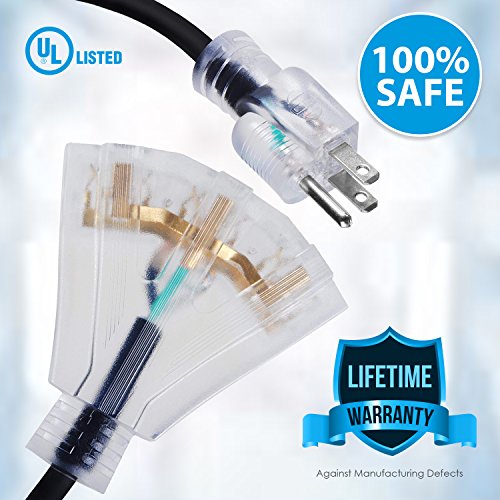 50 FT 16/3 Outdoor Extension Cord - Rubber, Flexible, Triple Outlet, Black Wire with Live Power Light Indicator. 13 Amp - Thumbnail 5