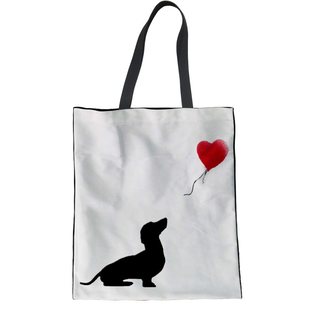 Coloranimal Cute Dachshund Dog Heart Pattern Women Cloth Reusable Handbag Canvas Tote Bag Casual Bookbag Teenager Girl Shopper Daypack Foldable Grocery Supermarket Durable Linen Top-handle Bag