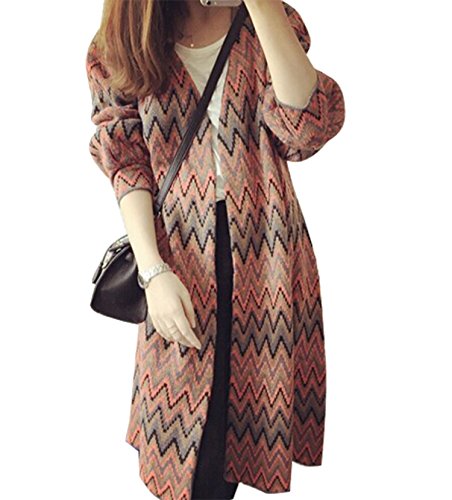 Women Winter Elegant Puff Sleeve Stripes Print Long Sweater Parka Coat Outwear Red Women Winter Elegant Puff Sleeve Stripes Print Long Sweater Parka Coat Outwear Red