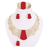 Moochi 18K Gold Plated Red Acrylic Necklace Earrings Ring Bracelet Jewelry Set Costume Wedding