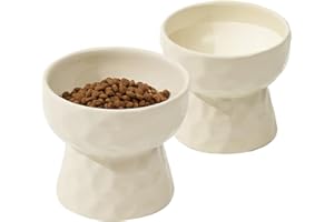 Havniva Ceramic Raised Cat Bowl, Elevated Food and Water Bowl,Kitty Bowl,Cat Dish, Pet Feeder (Cream, Raised x 2), NOT Tilted.