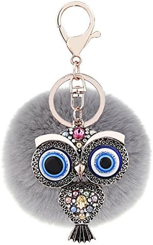 Deacroy Women's Owl Keychain Retro Crystal Rhinestone Soft Puff Ball Bag Charm, Grey, One size