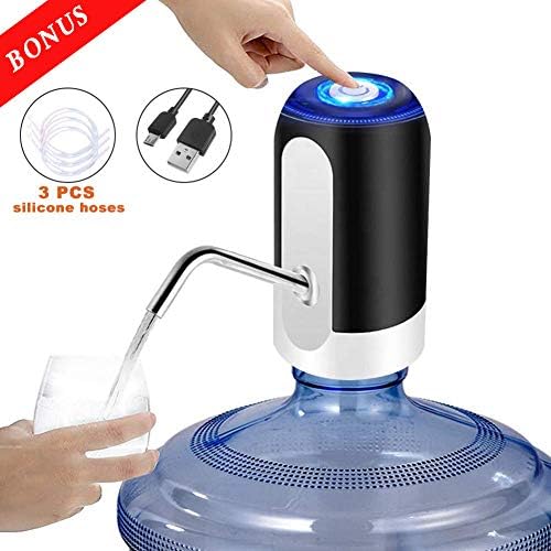 Water Bottle Pump, Puhibuox USB Charging Universal Electric 5 Gallon Water Dispenser, Waterproof LED Button Automatic Drinking Water Jug Pump for 2-5 Gallon Water Jug, Plus 3 Silicone Hoses (Black)