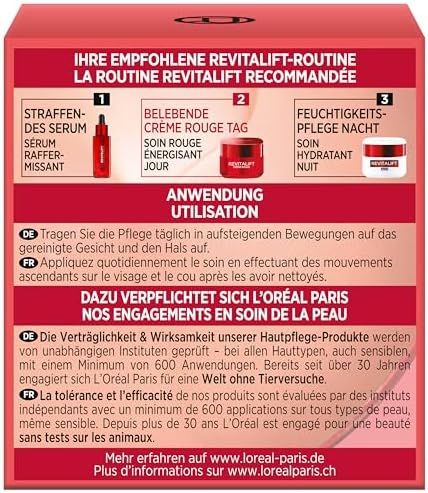 L'Oréal Paris Créme Rouge Tagespflege für Frauen: bekämpft sichtbare Anzeichen von Müdigkeit & strafft & mildert Falten mit rotem Giseng aus Soja-Proteinen & Hefe-Extrakt, Revitalift, 1x 50ml
