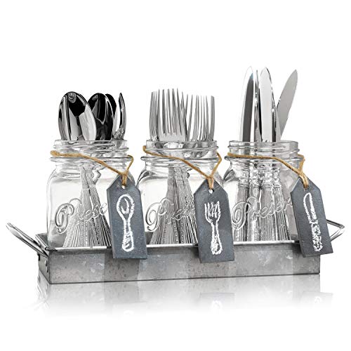 Flatware Caddy Organizer Cutlery Holder - 3 Glass Mason Jars in Galvanized Tray with Handles & Chalk-Tags | Utensil Farmhouse Silverware Caddy For Table | Ideal For Kitchen Countertop, Party, Dining,