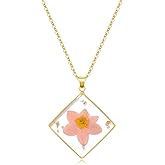 KBFORU Birth Flower Necklaces For Women - Month Flower Necklace - Handmade Pressed Flower Necklace - Unique Holiday Gift - Square Necklace Gold 18"