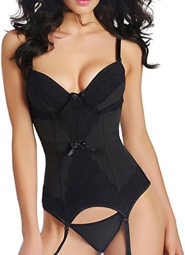 Women's Push up Bustier Sexy Corset Lingerie Girdle Lace Cincher with Garter Belt G-String Thongs Set