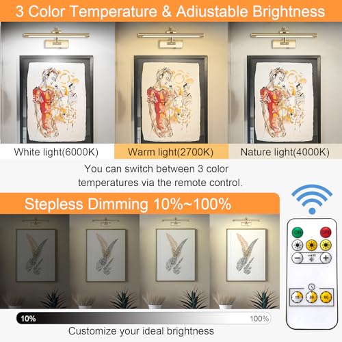 Tassuowell Wireless Picture Lights for Wall Rechargeable, Battery Operated Art Light for Paintings, 3CCT Dimmable, 15.7" Brass Finish with Remote, Rotatable Gallery Light for Pictures Display