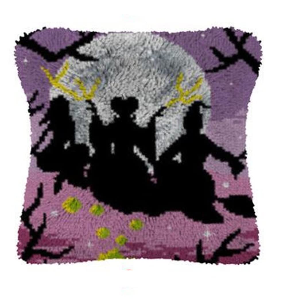 Halloween Witch Latch Hook Cushion Kits 43x43cm, DIY Throw Pillow Case Making Kit, Complete Cushion Making Craft Kits with Yarn & Canvas and Crochet Needle, Adults Kids Craft Kits Home Decor