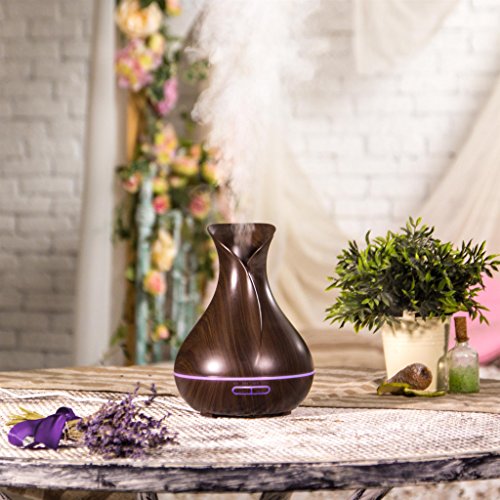 Essential Oil Diffuser 400ML 8h, Ultrasonic Air Humidifier, BPA Free, 7 Color LED Lights Lamp, Auto Shut-off, Black Olive Wood Grain. Cool Mist Machine for Home Office SPA EO Aromatherapy, Aroma Scent