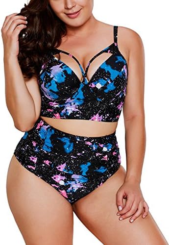 Leindr Womens Plus Size Print Push Up Tankini Swim Top Bikini Set Bathingsuits With High Waisted Swim Brief Multicolor XL 14 16