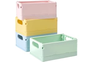 TRZZ 4-Pack Mini Storage Crates, Collapsible Plastic Baskets, Stackable Space-Saving Bins for Office, Bedroom, Bathroom and Kitchen Decor (6.5" x 4.8" x 2.9")