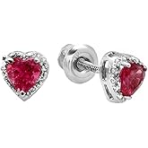 Dazzlingrock Collection Valentine's Day Gift Heart Shape Deep Pink Tourmaline & Round Diamond Halo Stud Earrings, 10K Solid White Gold
